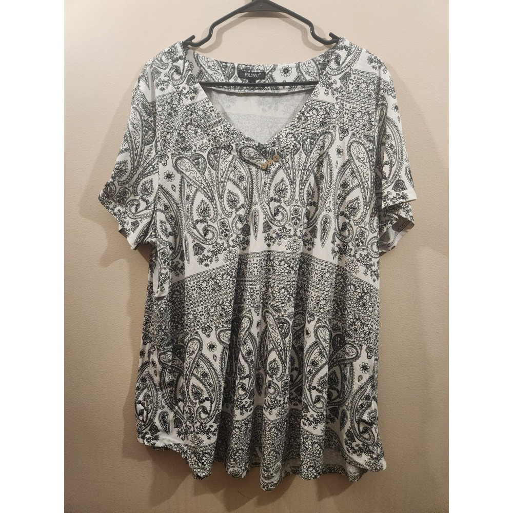 Folunsi Womens 3X Black White Paisley V-Neck Short Sleeve Tunic Blouse Top